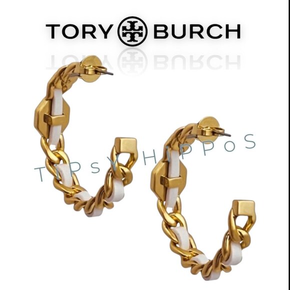 NEW! Tory Burch Marion Gold & White Chain Hoop Earrings - Picture 2 of 3